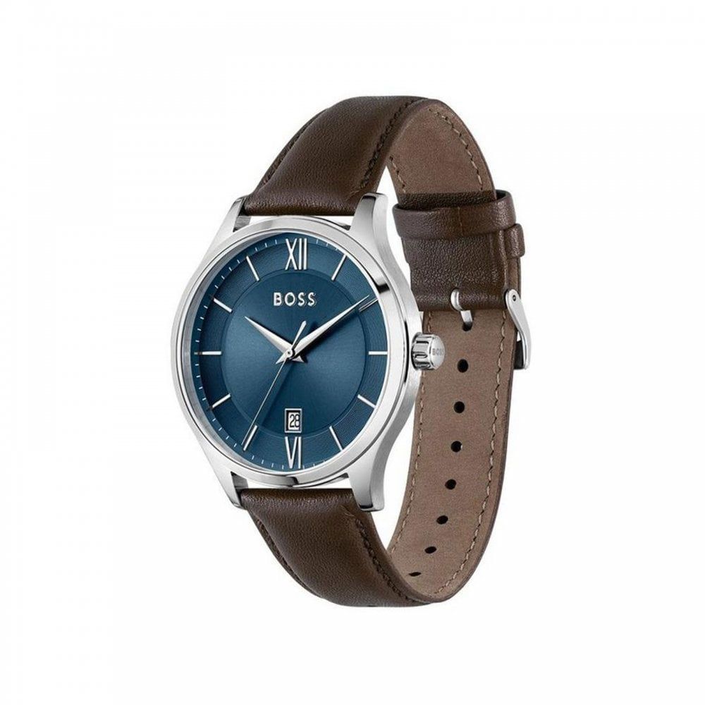 Hugo Boss Grey Stainless-Steel Quartz Watch with Blue Dial