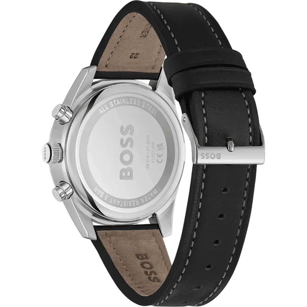 Hugo Boss Grey Stainless-Steel Quartz Watch with Black Leather Strap